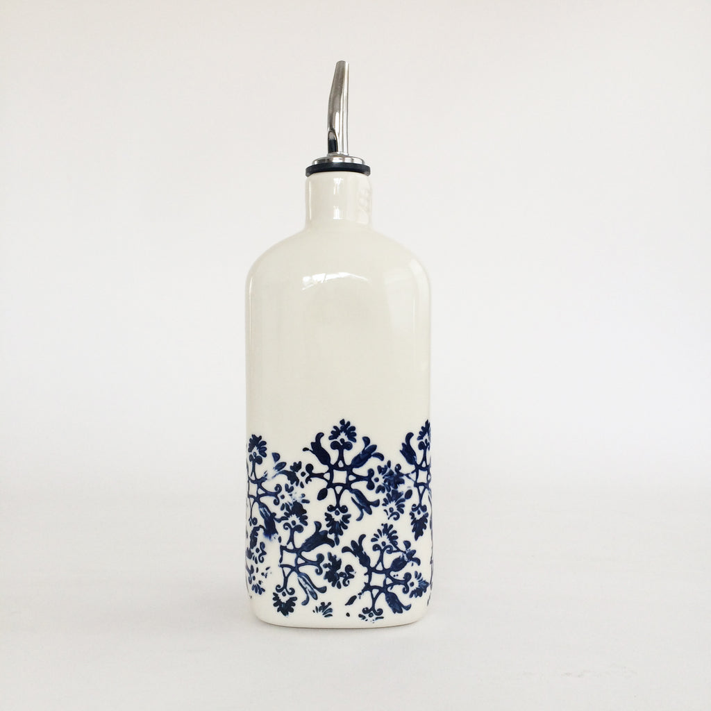 Blue + White Stoneware Olive Oil Bottle